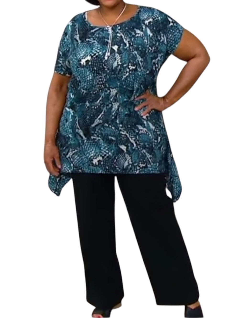 Attitudes by Renee Teal Snake Print Crepe Tunic Oversized Flowy Women’s Size Med